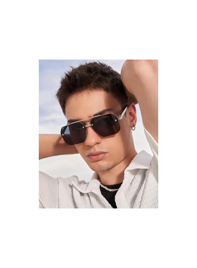 NIBEMINENT Trendy Square Sunglasses Womens Men Semi Rimless Gradient Lens Retro Aviator Sun Glasses Double Bridge - Image 3